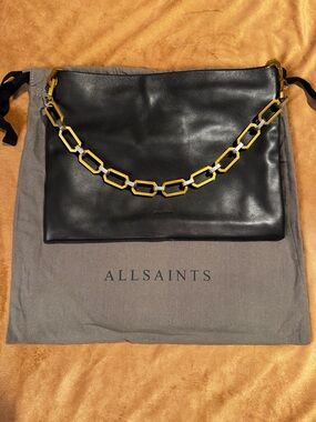 AllSaints Black Leather shoulder Bag with Gold Accent Chain